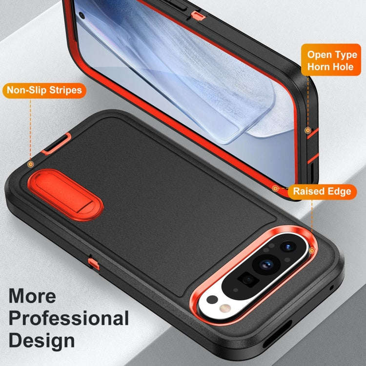 For Google Pixel 9 Pro Rugged PC + Silicone Phone Case with Holder(Black+Orange)