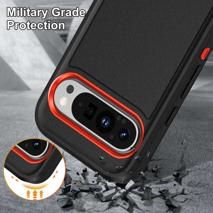 For Google Pixel 9 Pro Rugged PC + Silicone Phone Case with Holder(Black+Orange)