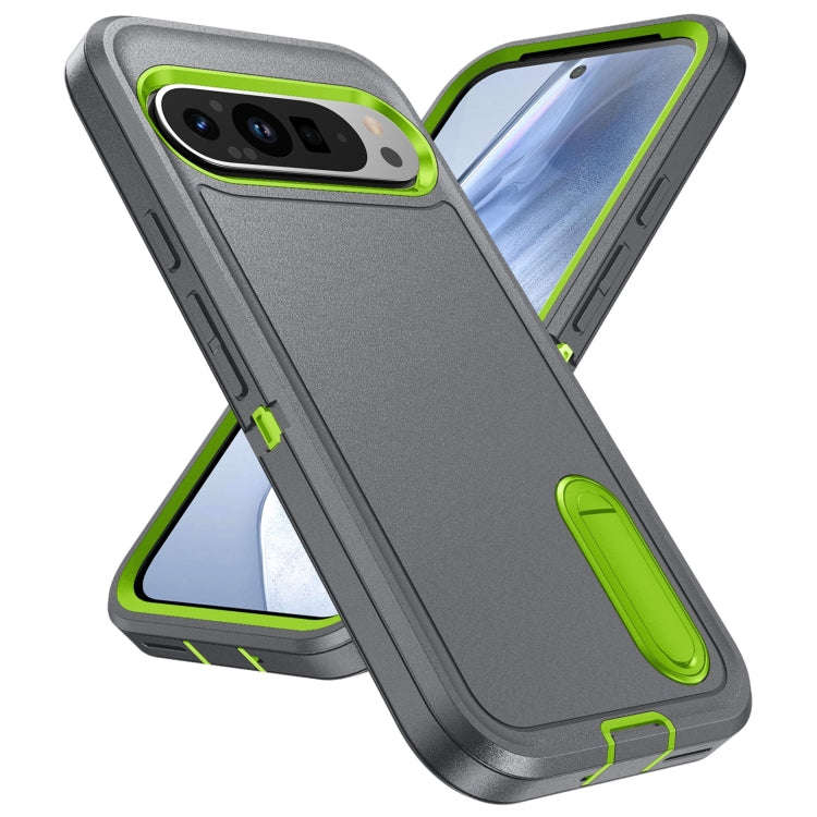 For Google Pixel 9 Pro Rugged PC + Silicone Phone Case with Holder(Grey+Fresh Green)