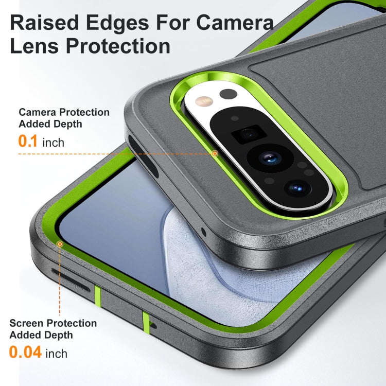 For Google Pixel 9 Pro Rugged PC + Silicone Phone Case with Holder(Grey+Fresh Green)