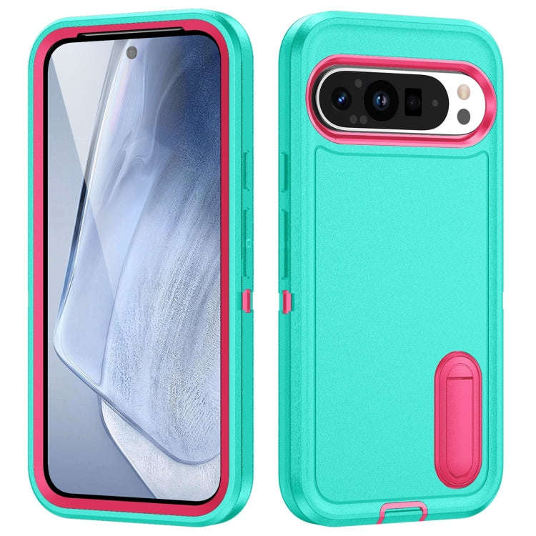For Google Pixel 9 Pro Rugged PC + Silicone Phone Case with Holder(Light Green+Rose Red)