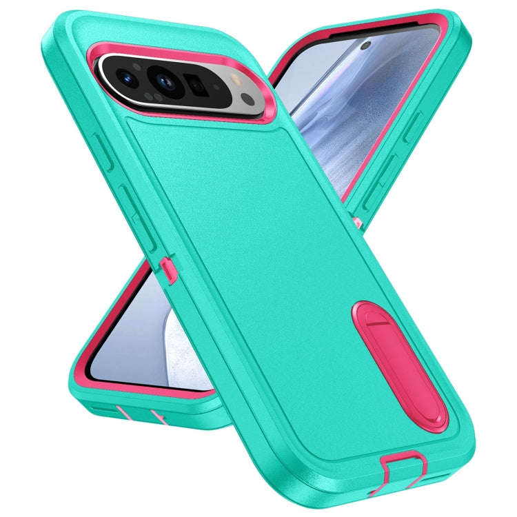 For Google Pixel 9 Pro Rugged PC + Silicone Phone Case with Holder(Light Green+Rose Red)