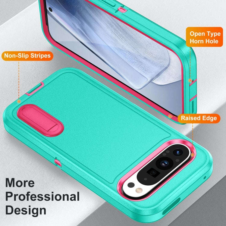 For Google Pixel 9 Pro Rugged PC + Silicone Phone Case with Holder(Light Green+Rose Red)
