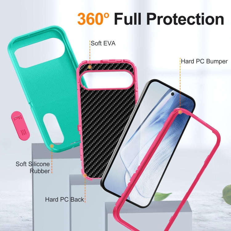 For Google Pixel 9 Pro Rugged PC + Silicone Phone Case with Holder(Light Green+Rose Red)