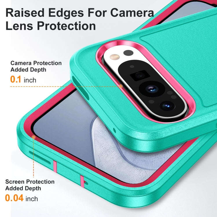 For Google Pixel 9 Pro Rugged PC + Silicone Phone Case with Holder(Light Green+Rose Red)