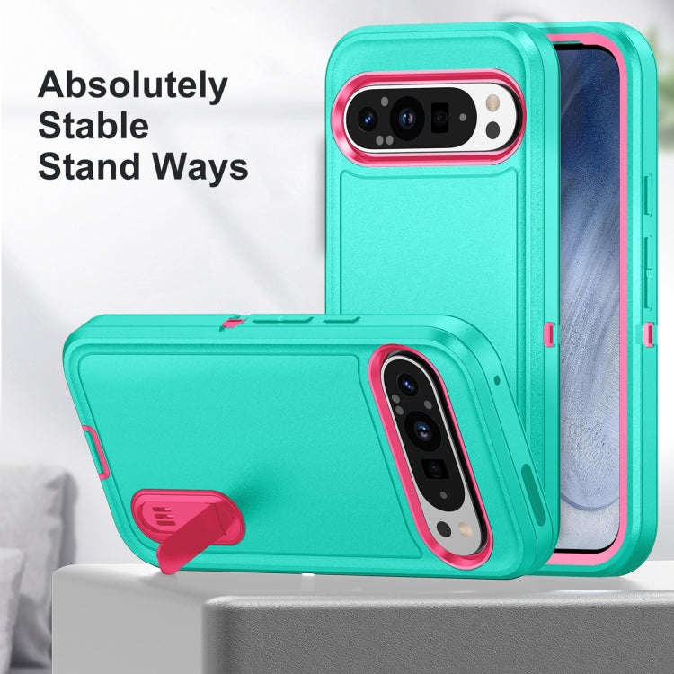 For Google Pixel 9 Pro Rugged PC + Silicone Phone Case with Holder(Light Green+Rose Red)