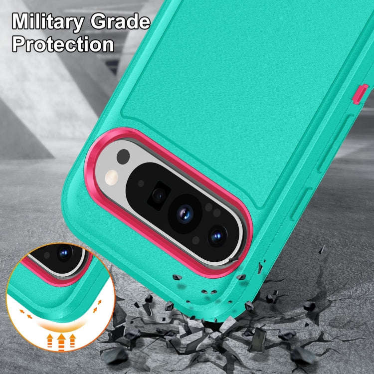 For Google Pixel 9 Pro Rugged PC + Silicone Phone Case with Holder(Light Green+Rose Red)