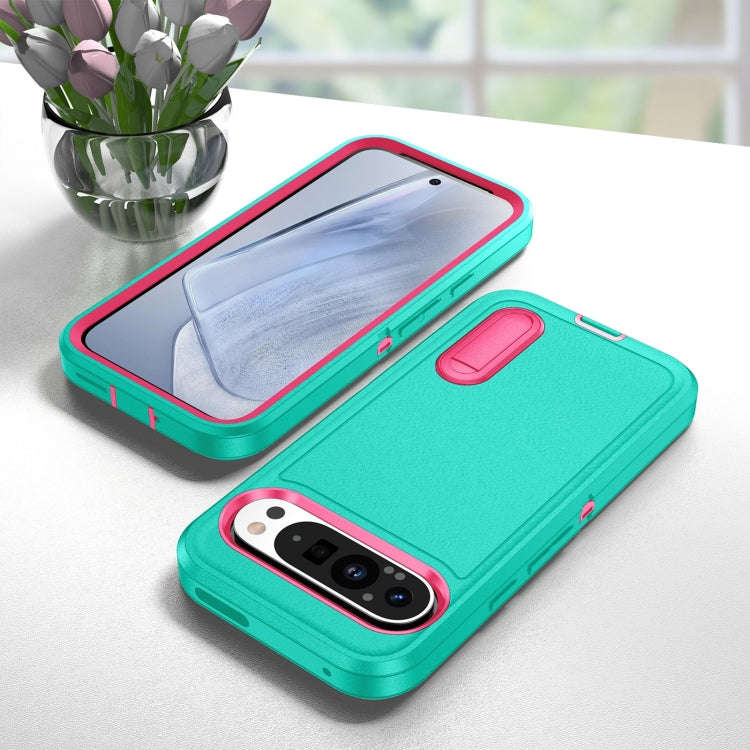 For Google Pixel 9 Pro Rugged PC + Silicone Phone Case with Holder(Light Green+Rose Red)