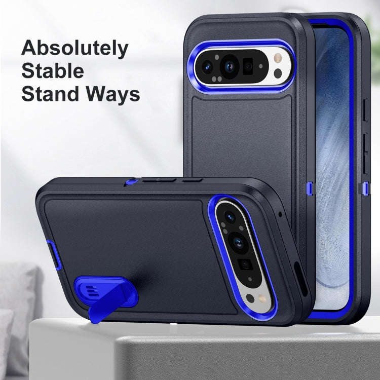 For Google Pixel 9 Pro Rugged PC + Silicone Phone Case with Holder(Dark Blue+Royal Blue)