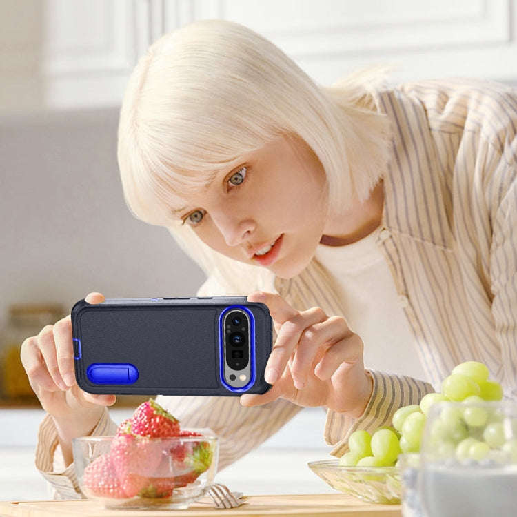 For Google Pixel 9 Pro Rugged PC + Silicone Phone Case with Holder(Dark Blue+Royal Blue)