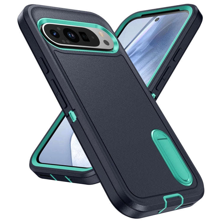 For Google Pixel 9 Pro Rugged PC + Silicone Phone Case with Holder(Dark Blue+Light Green)