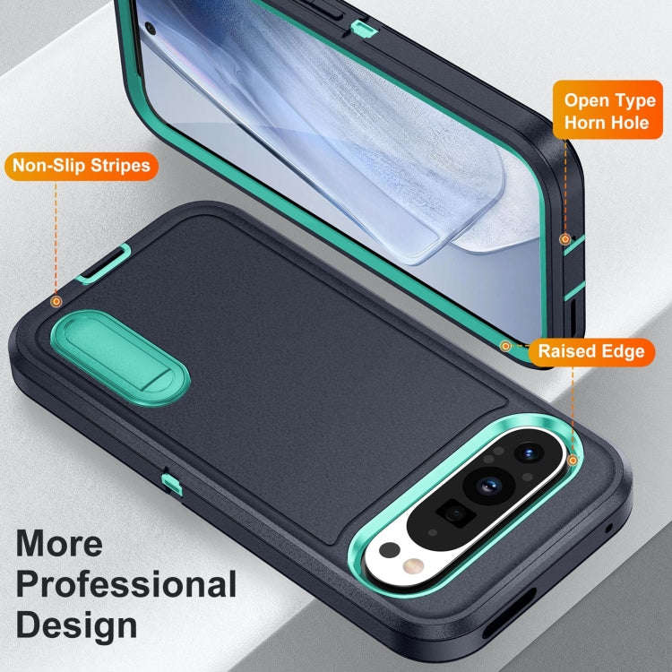 For Google Pixel 9 Pro Rugged PC + Silicone Phone Case with Holder(Dark Blue+Light Green)