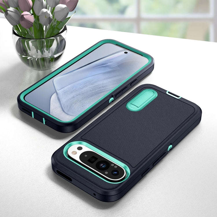 For Google Pixel 9 Pro Rugged PC + Silicone Phone Case with Holder(Dark Blue+Light Green)