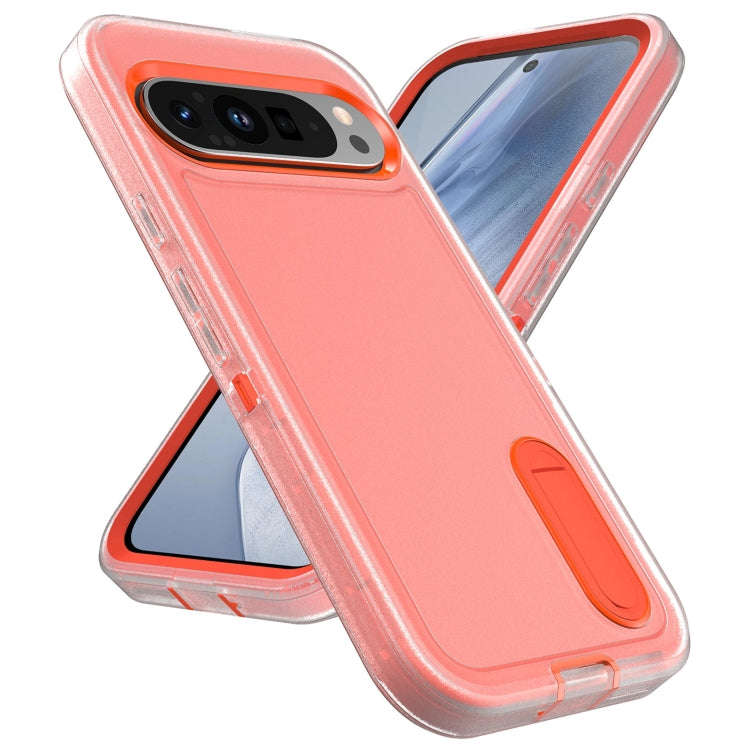 For Google Pixel 9 Pro Rugged PC + Silicone Phone Case with Holder(Transparent+Orange)