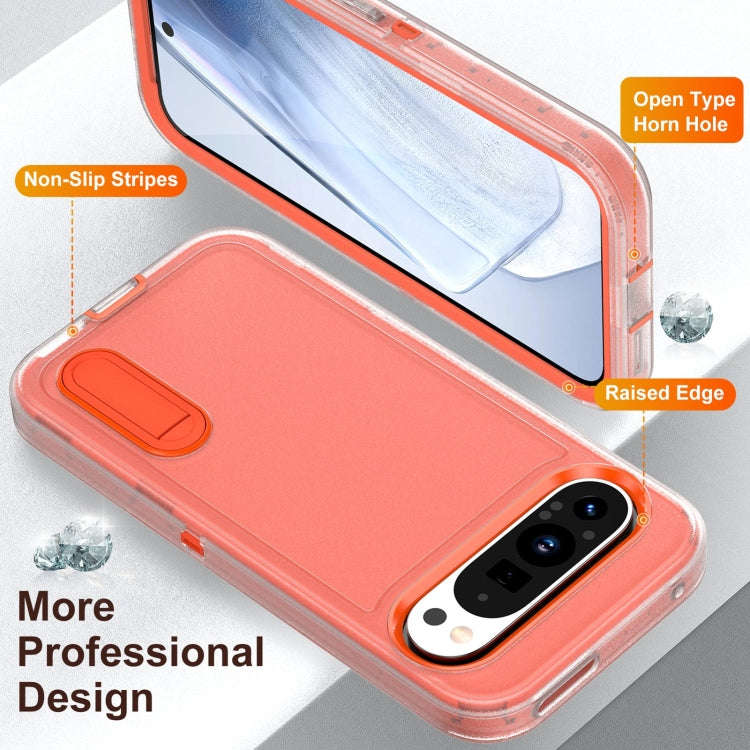For Google Pixel 9 Pro Rugged PC + Silicone Phone Case with Holder(Transparent+Orange)