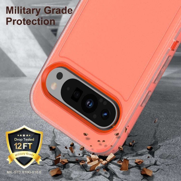 For Google Pixel 9 Pro Rugged PC + Silicone Phone Case with Holder(Transparent+Orange)