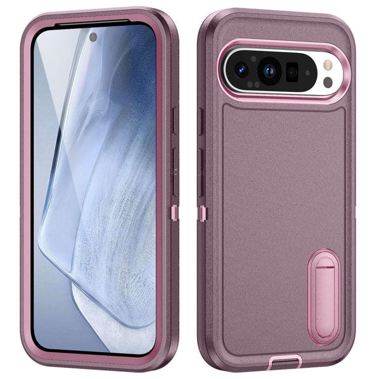 For Google Pixel 9 Pro Rugged PC + Silicone Phone Case with Holder(Purple+Pink)