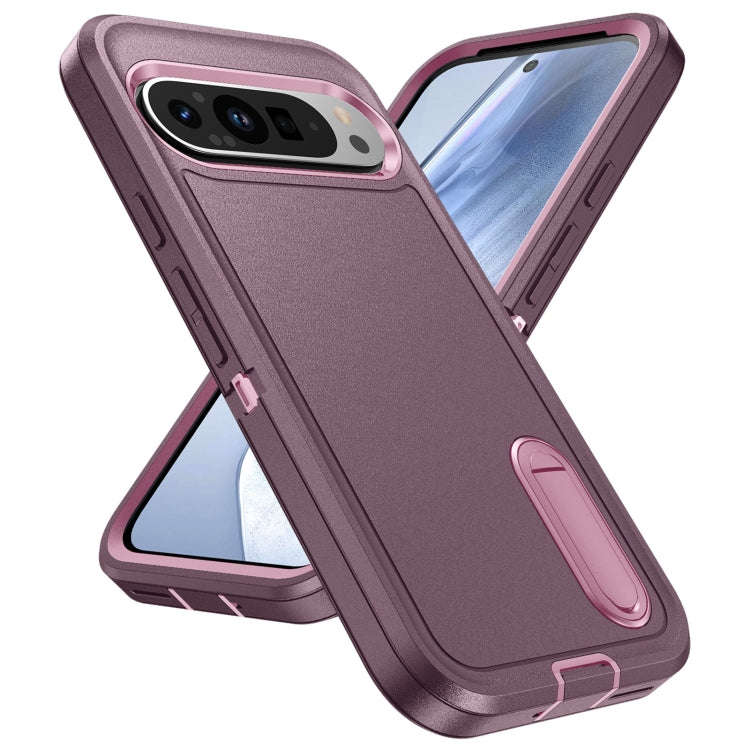For Google Pixel 9 Pro Rugged PC + Silicone Phone Case with Holder(Purple+Pink)