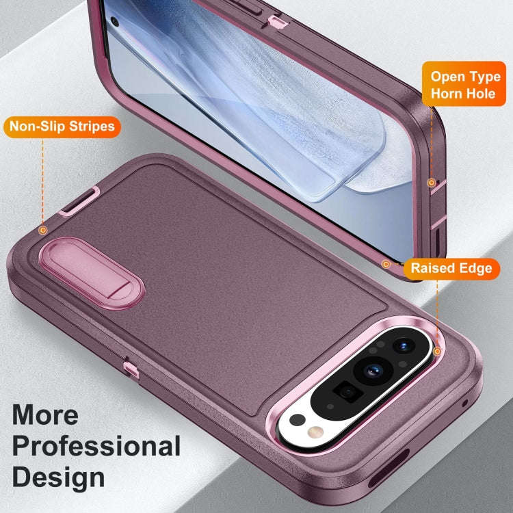 For Google Pixel 9 Pro Rugged PC + Silicone Phone Case with Holder(Purple+Pink)