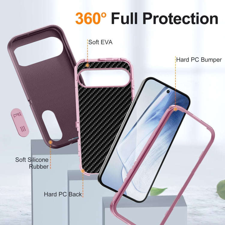 For Google Pixel 9 Pro Rugged PC + Silicone Phone Case with Holder(Purple+Pink)