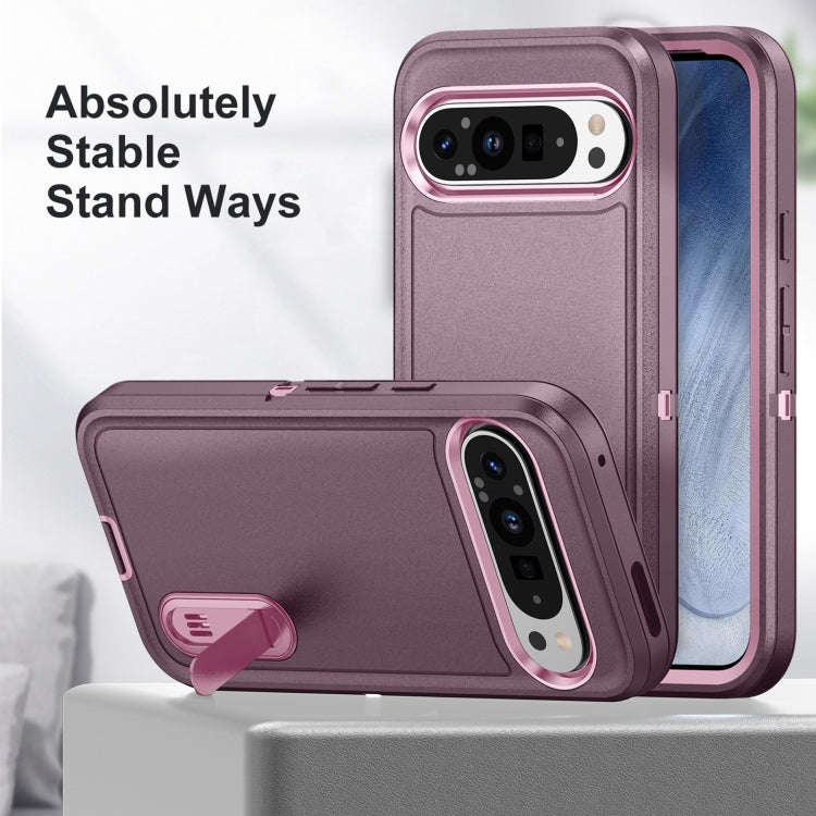 For Google Pixel 9 Pro Rugged PC + Silicone Phone Case with Holder(Purple+Pink)