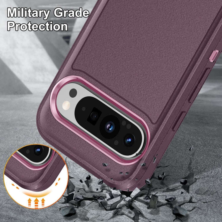 For Google Pixel 9 Pro Rugged PC + Silicone Phone Case with Holder(Purple+Pink)