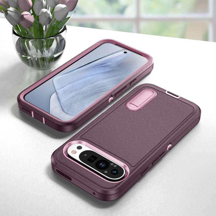 For Google Pixel 9 Pro Rugged PC + Silicone Phone Case with Holder(Purple+Pink)