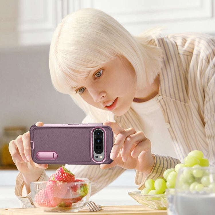 For Google Pixel 9 Pro Rugged PC + Silicone Phone Case with Holder(Purple+Pink)