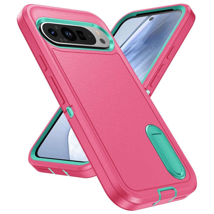 For Google Pixel 9 Rugged PC + Silicone Phone Case with Holder(Rose Red+Light Green)