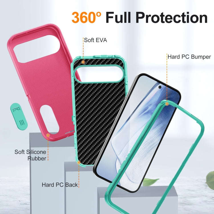 For Google Pixel 9 Rugged PC + Silicone Phone Case with Holder(Rose Red+Light Green)