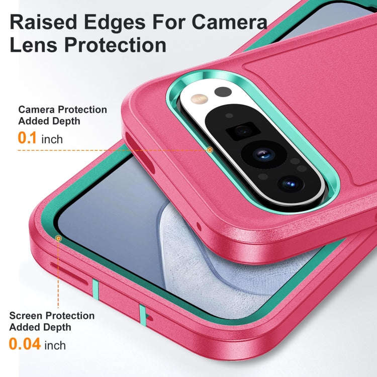 For Google Pixel 9 Rugged PC + Silicone Phone Case with Holder(Rose Red+Light Green)