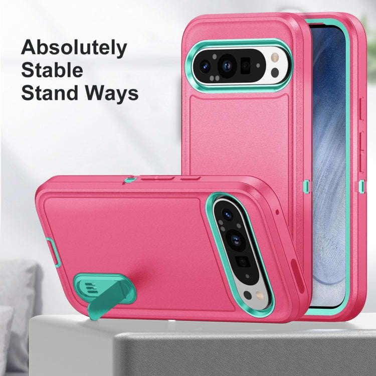 For Google Pixel 9 Rugged PC + Silicone Phone Case with Holder(Rose Red+Light Green)