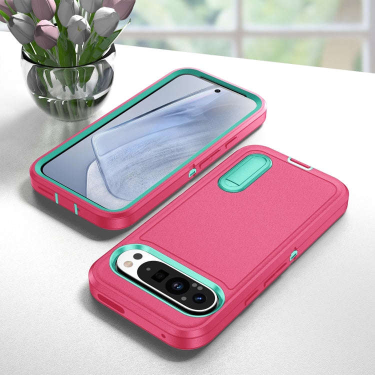 For Google Pixel 9 Rugged PC + Silicone Phone Case with Holder(Rose Red+Light Green)