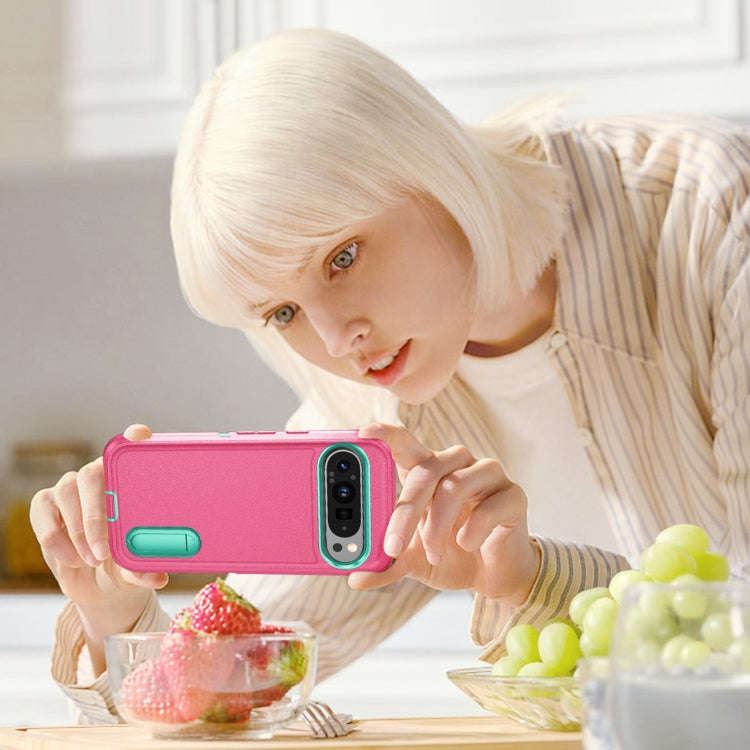 For Google Pixel 9 Rugged PC + Silicone Phone Case with Holder(Rose Red+Light Green)