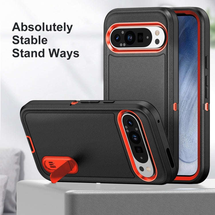 For Google Pixel 9 Rugged PC + Silicone Phone Case with Holder(Black+Orange)