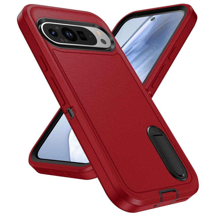 For Google Pixel 9 Rugged PC + Silicone Phone Case with Holder(Red+Black)