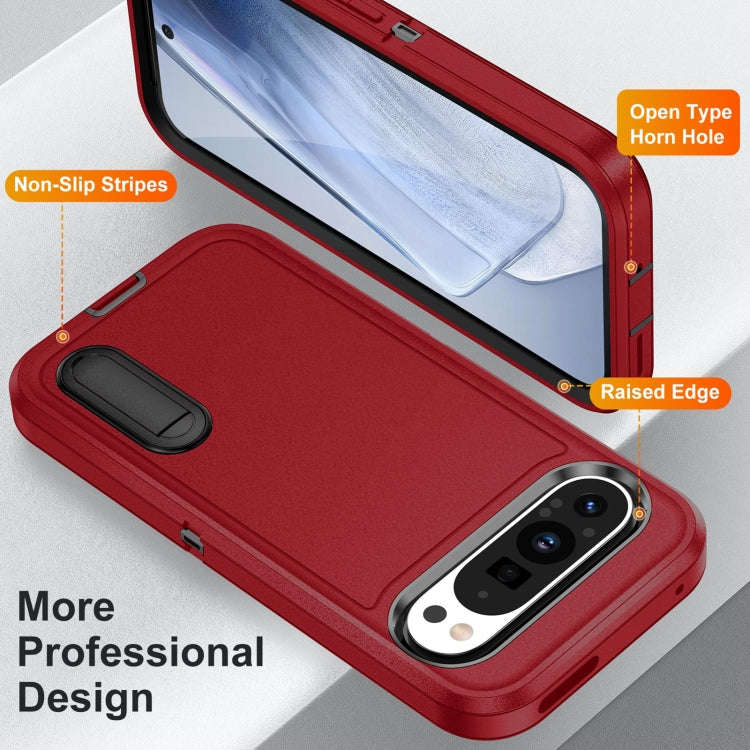 For Google Pixel 9 Rugged PC + Silicone Phone Case with Holder(Red+Black)
