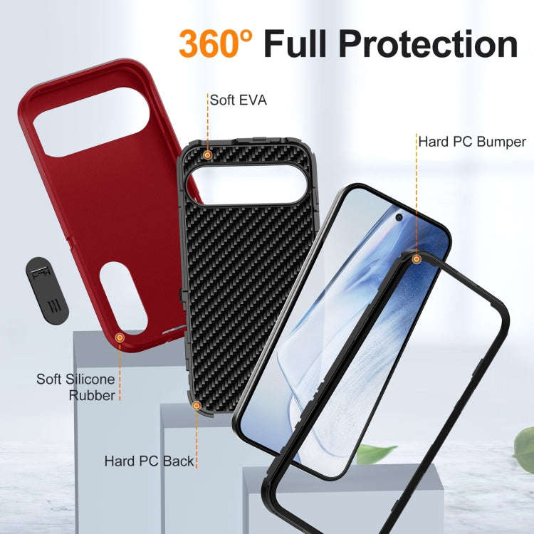 For Google Pixel 9 Rugged PC + Silicone Phone Case with Holder(Red+Black)