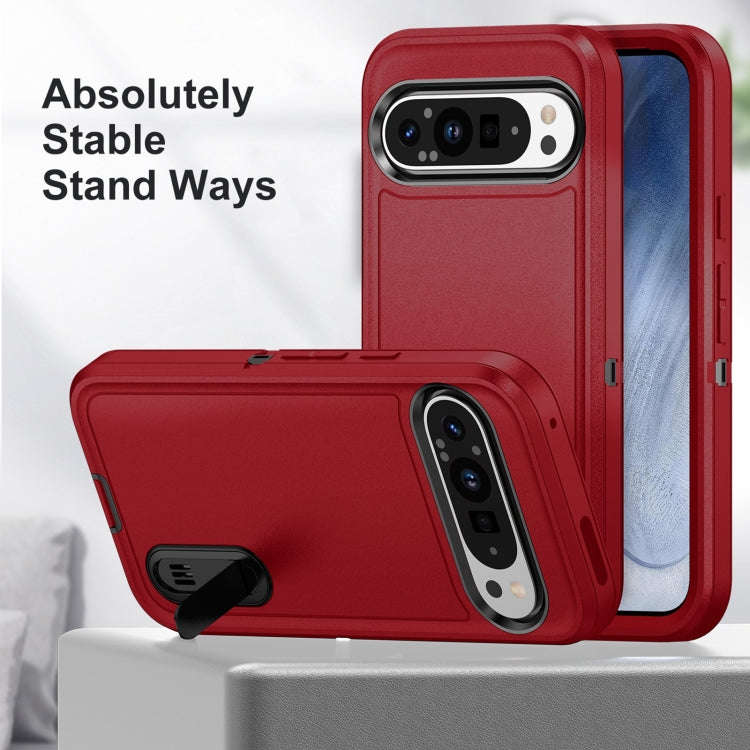 For Google Pixel 9 Rugged PC + Silicone Phone Case with Holder(Red+Black)