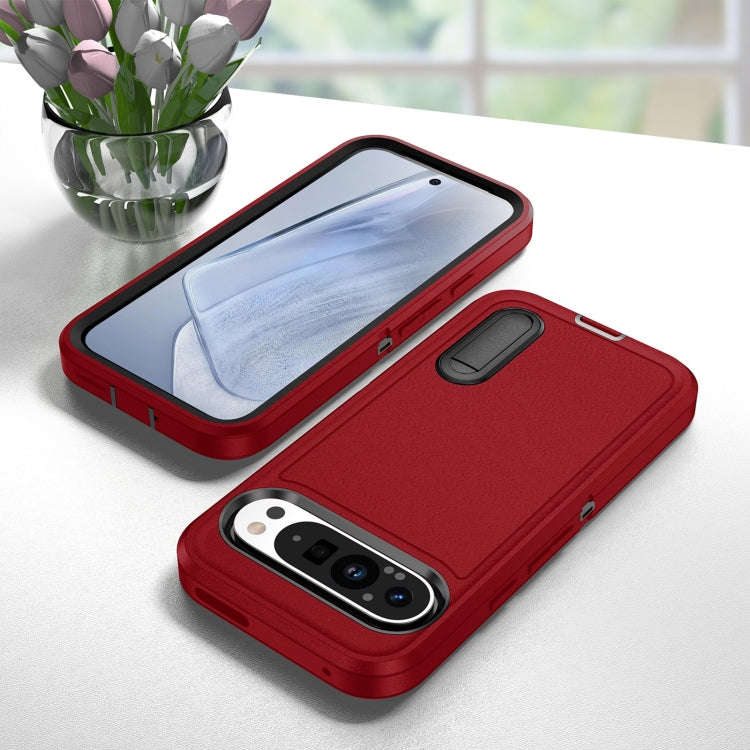 For Google Pixel 9 Rugged PC + Silicone Phone Case with Holder(Red+Black)