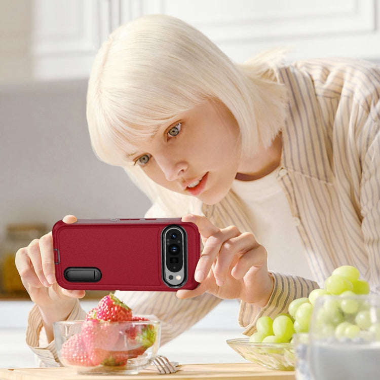 For Google Pixel 9 Rugged PC + Silicone Phone Case with Holder(Red+Black)