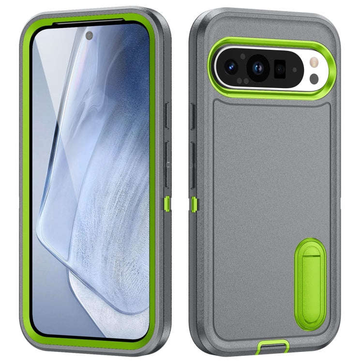 For Google Pixel 9 Rugged PC + Silicone Phone Case with Holder(Grey+Fresh Green)
