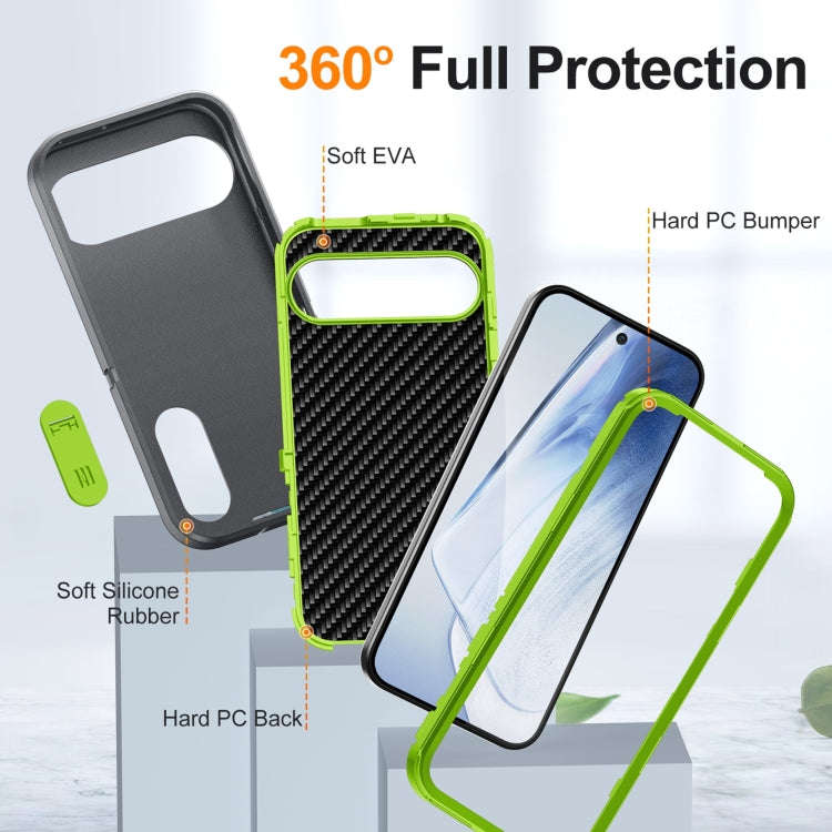 For Google Pixel 9 Rugged PC + Silicone Phone Case with Holder(Grey+Fresh Green)