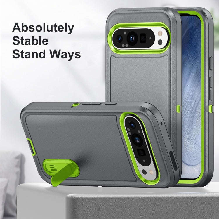 For Google Pixel 9 Rugged PC + Silicone Phone Case with Holder(Grey+Fresh Green)