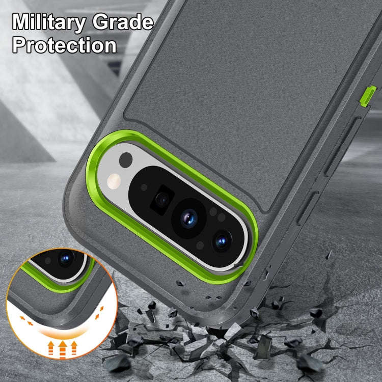 For Google Pixel 9 Rugged PC + Silicone Phone Case with Holder(Grey+Fresh Green)