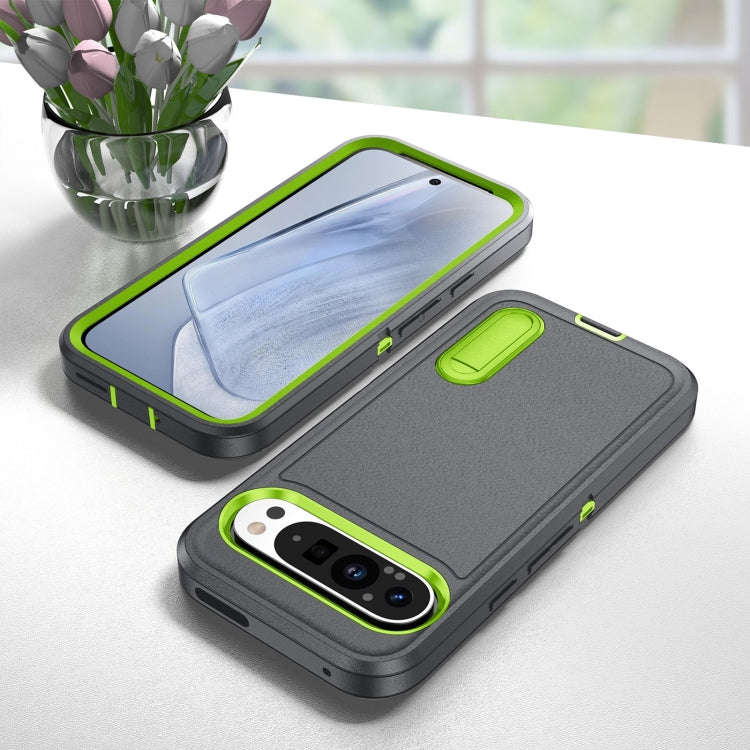 For Google Pixel 9 Rugged PC + Silicone Phone Case with Holder(Grey+Fresh Green)