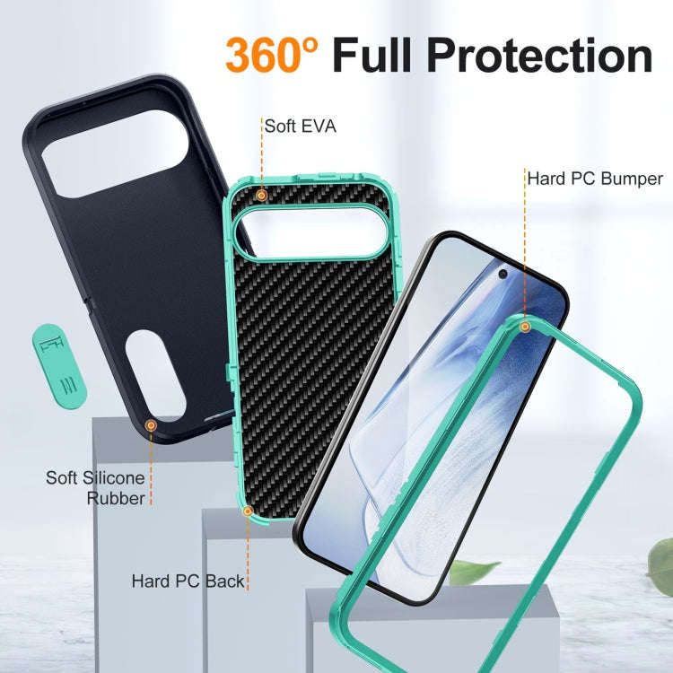 For Google Pixel 9 Rugged PC + Silicone Phone Case with Holder(Dark Blue+Light Green)