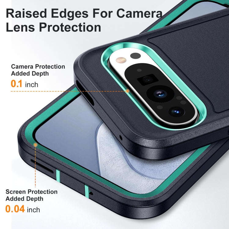 For Google Pixel 9 Rugged PC + Silicone Phone Case with Holder(Dark Blue+Light Green)