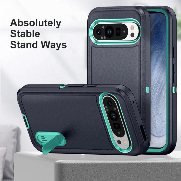 For Google Pixel 9 Rugged PC + Silicone Phone Case with Holder(Dark Blue+Light Green)