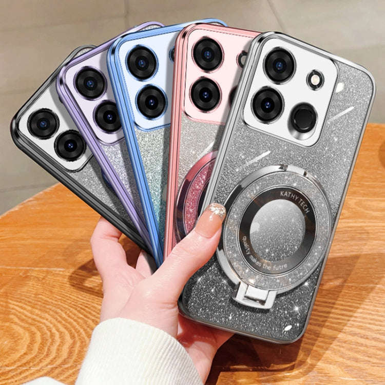 For Tecno Spark Go 2023 Plated Gradient Glitter Round Holder TPU Phone Case(Silver)